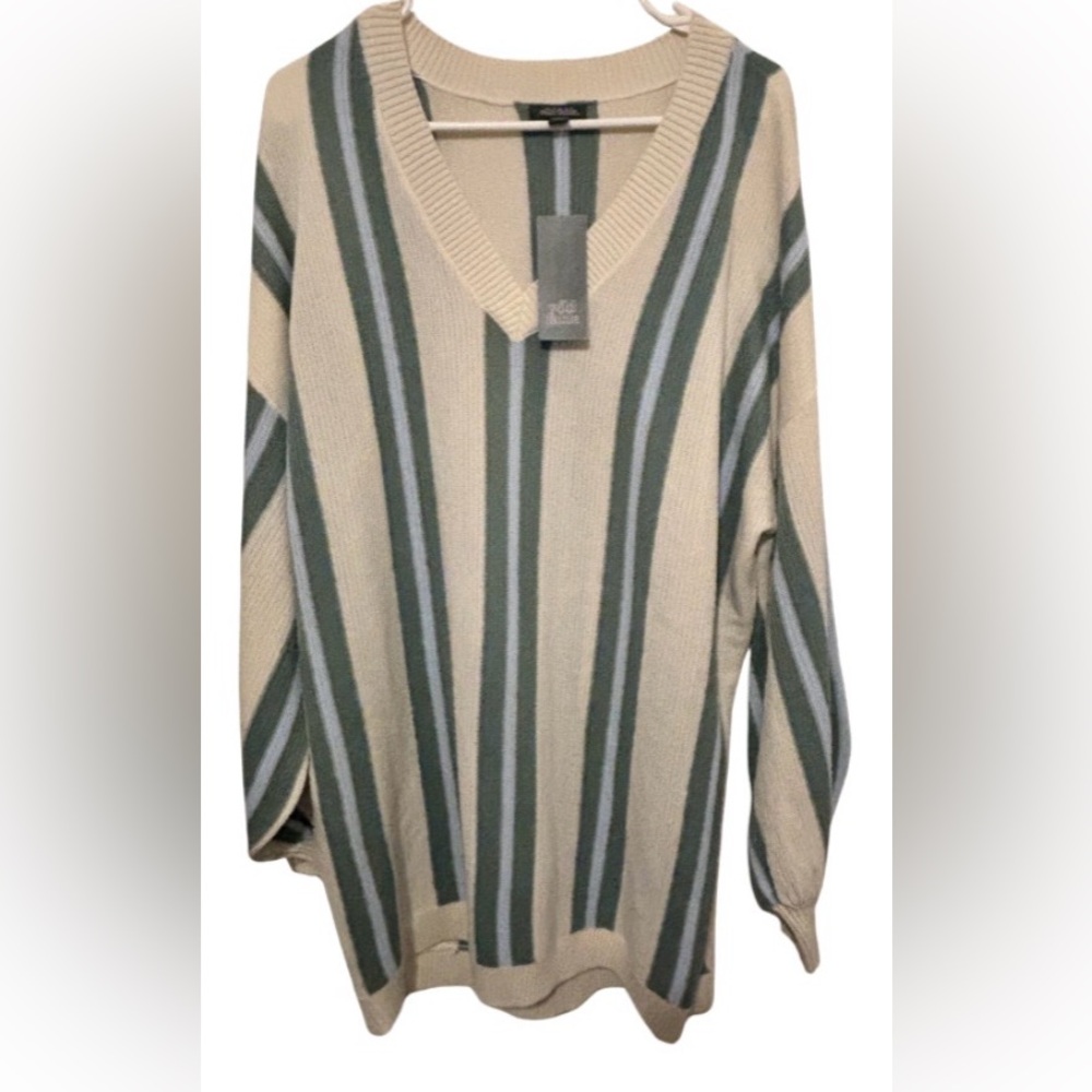 Wild Fable Cream & Green Striped V-Neck Sweater